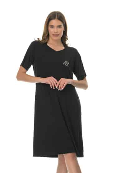 Φόρεμα Κοντομάνικο Μονόχρωμο από Viscose με Κέντημα Strass στο Στήθος και Εσωτερικές Τσέπες στο πλάι - PNN Nightwear