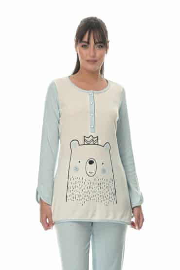Πυτζάμα Γυναικεία Σετ με Εντυπωσιακή All-Over Στάμπα Polar Bear και Άνετο Μονόχρωμο Παντελόνι στο Κάτω Μέρος - PNN Nightwear
