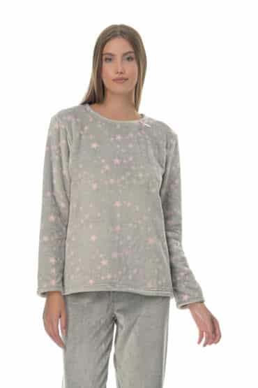 Πυτζάμα Γυναικεία Fleece Εμπριμέ με Ροζ Αστέρια - PNN Nightwear