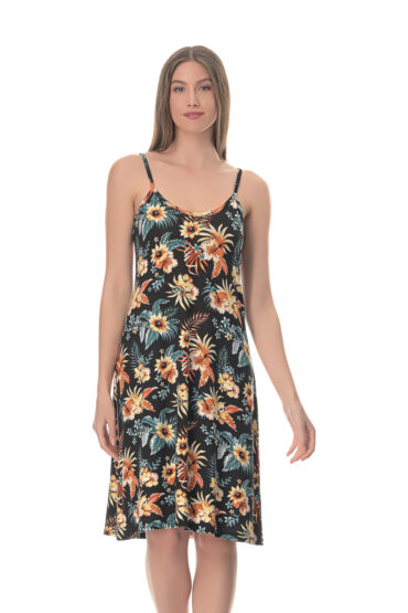 Καλοκαιρινό Φόρεμα με Λεπτές Τιράντες από 95% Βισκόζη Ανώτερης Ποιότητας με εντυπωσιακό Σχέδιο με Tropical Print διάθεση, Αγκαλιάζει αρμονικά το σώμα σε Κλασσική Γραμμή (Classic Fit) με το Ιδανικό Μήκος ως το γόνατο - PNN Nightwear